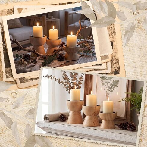 Mifoci Farmhouse Wooden Candle Pillar Holders Set of 3, Rusitc Brown Candle Holders for LED Flameless Pillar Candles Solid Wood Candlesticks Pedestal for Fireplace Mantle Table Centerpiece Decor in Kuwait