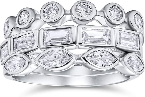 Bling Jewelry 3 Set Geometric Cubic Zirconia Baguette Marquise Round CZ Stackable Wedding Band Ring Set .925 Sterling Silver in Kuwait