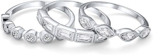 Bling Jewelry 3 Set Geometric Cubic Zirconia Baguette Marquise Round CZ Stackable Wedding Band Ring Set .925 Sterling Silver in Kuwait