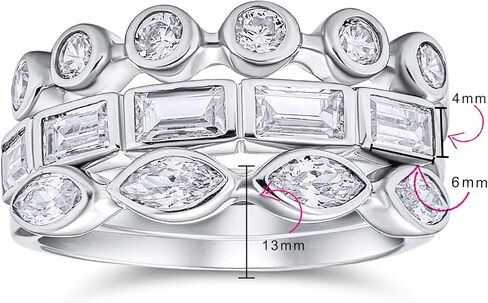 Bling Jewelry 3 Set Geometric Cubic Zirconia Baguette Marquise Round CZ Stackable Wedding Band Ring Set .925 Sterling Silver in Kuwait