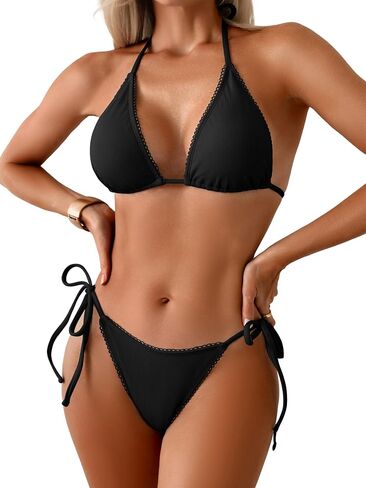 TASHEHE Women's Lace Trim Bikini Set Two Piece String Bathing Suit Halter Swimsuit in Saudi Arabia