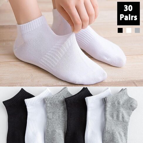 30 Pairs Low Cut Ankle Socks Unisex, 2.4" Height Breathable Cotton Socks, Medium Thickness Casual Athletic Socks for Men and Women, Black White Gray, All Season Bulk Pack in Saudi Arabia