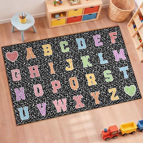 Dunzy 4.92 x 7.55 ft Classroom Rug Composition Notebook Alphabet Rug Pastel Back to School Reading Calming Corner Decor Composition Carpet for Teaching and Playroom in Kuwait