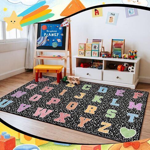 Dunzy 4.92 x 7.55 ft Classroom Rug Composition Notebook Alphabet Rug Pastel Back to School Reading Calming Corner Decor Composition Carpet for Teaching and Playroom in Kuwait