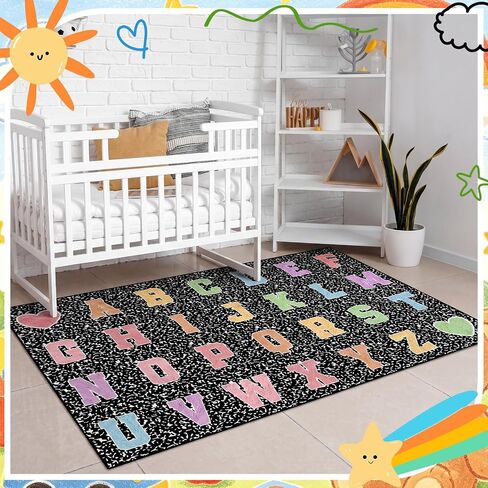 Dunzy 4.92 x 7.55 ft Classroom Rug Composition Notebook Alphabet Rug Pastel Back to School Reading Calming Corner Decor Composition Carpet for Teaching and Playroom in Kuwait
