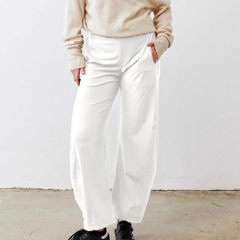 SeeLuNa Women Travel Pants Elastic Waist Slim Tapered Leg Wide Fit Mid Waist Work Pants Lounge Pants with Pockets in Kuwait