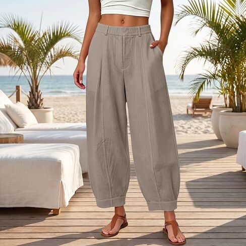 HZYUZP Linen Barrel Pants Women Cotton Palazzo High Waisted Balloon Pants Summer Casual Beach Boho Wide Leg Baggy Trousers in Saudi Arabia