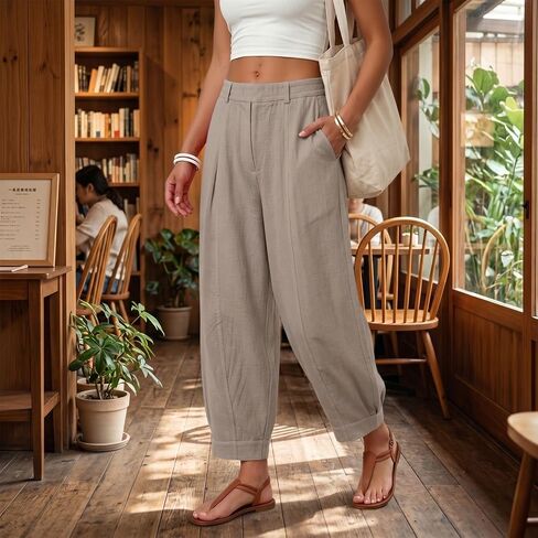 HZYUZP Linen Barrel Pants Women Cotton Palazzo High Waisted Balloon Pants Summer Casual Beach Boho Wide Leg Baggy Trousers in Saudi Arabia