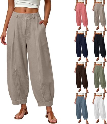 HZYUZP Linen Barrel Pants Women Cotton Palazzo High Waisted Balloon Pants Summer Casual Beach Boho Wide Leg Baggy Trousers in Saudi Arabia