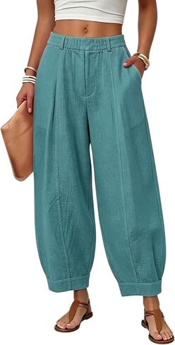 HZYUZP Linen Barrel Pants Women Cotton Palazzo High Waisted Balloon Pants Summer Casual Beach Boho Wide Leg Baggy Trousers in Saudi Arabia