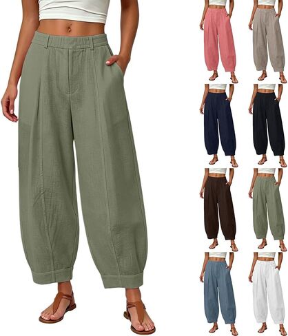 HZYUZP Linen Barrel Pants Women Cotton Palazzo High Waisted Balloon Pants Summer Casual Beach Boho Wide Leg Baggy Trousers in Saudi Arabia