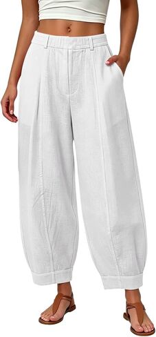 HZYUZP Linen Barrel Pants Women Cotton Palazzo High Waisted Balloon Pants Summer Casual Beach Boho Wide Leg Baggy Trousers in Saudi Arabia