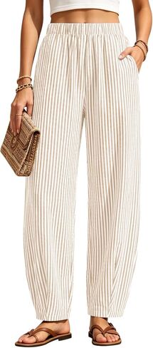 LOMON Women Summer Barrel Harem Pants Baggy Tapered Leg Plaid Gingham Striped Trousers Bottoms with Pockets Casual Outfits in Kuwait