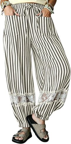 Yeokou Women's Boho Striped Lace Casual Harem Pants Drawstring Elastic Waist with Pockets for Beach Travel Lounge in Kuwait