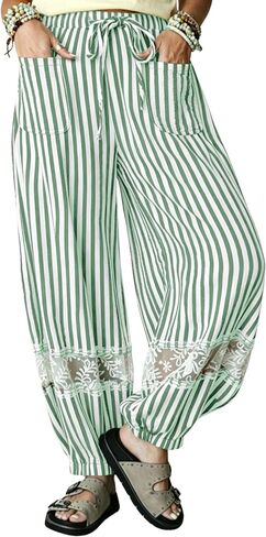 Yeokou Women's Boho Striped Lace Casual Harem Pants Drawstring Elastic Waist with Pockets for Beach Travel Lounge in Kuwait
