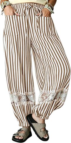 Yeokou Women's Boho Striped Lace Casual Harem Pants Drawstring Elastic Waist with Pockets for Beach Travel Lounge in Kuwait