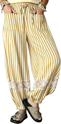Yeokou Women's Boho Striped Lace Casual Harem Pants Drawstring Elastic Waist with Pockets for Beach Travel Lounge in Kuwait