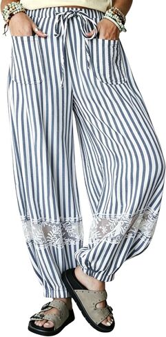 Yeokou Women's Boho Striped Lace Casual Harem Pants Drawstring Elastic Waist with Pockets for Beach Travel Lounge in Kuwait