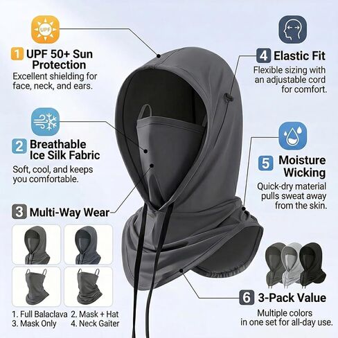 Cooling Balaclava Mask for Men Women - 3 Pcs Sun UV Protection Hood Face Cover for Motorcycle Skiing Fishing Cycling Breathable in Kuwait