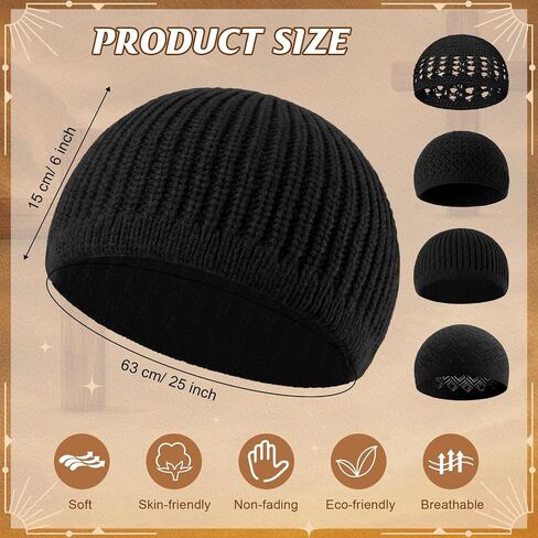 Twistover 4 Pcs Knit Kufi Hat for Men Muslim Hats Stretchy Crochet Cap Breathable Skull Beanie Caps for Men Women Teens in Saudi Arabia