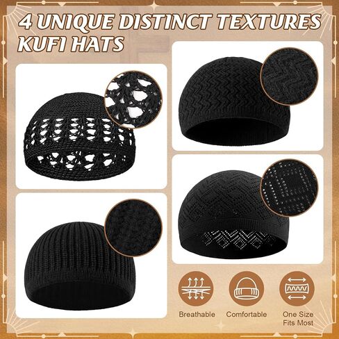 Twistover 4 Pcs Knit Kufi Hat for Men Muslim Hats Stretchy Crochet Cap Breathable Skull Beanie Caps for Men Women Teens in Saudi Arabia
