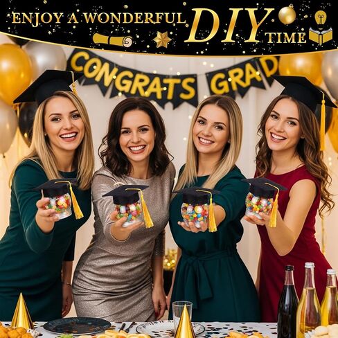 SiliFine 16 Set 2.36 Inch 2026 Mini Graduation Cap Candy Balls Jars, Graduation Party Favors, Clear Plastic Candy Containers with Tassels, Grad Cap Box for DIY, Graduations Party Gifts(Gold) in Kuwait