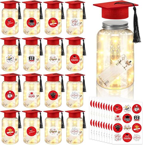 Phoncoo 16 Sets 2026 Graduation Table Decoration with LED Lights, Mason Jar Graduation Centerpieces for Tables with Grad Cap, Stickers for College High Middle School Grad Party Supplies Gifts(Red) in Kuwait