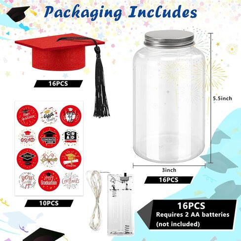 Phoncoo 16 Sets 2026 Graduation Table Decoration with LED Lights, Mason Jar Graduation Centerpieces for Tables with Grad Cap, Stickers for College High Middle School Grad Party Supplies Gifts(Red) in Kuwait