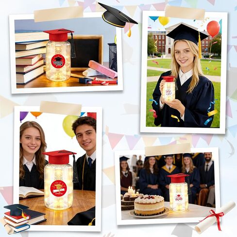 Phoncoo 16 Sets 2026 Graduation Table Decoration with LED Lights, Mason Jar Graduation Centerpieces for Tables with Grad Cap, Stickers for College High Middle School Grad Party Supplies Gifts(Red) in Kuwait
