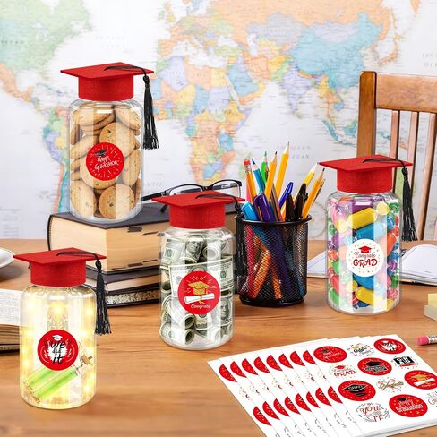 Phoncoo 16 Sets 2026 Graduation Table Decoration with LED Lights, Mason Jar Graduation Centerpieces for Tables with Grad Cap, Stickers for College High Middle School Grad Party Supplies Gifts(Red) in Kuwait