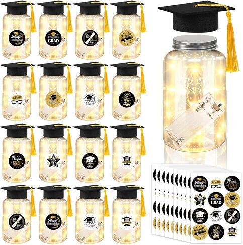 Phoncoo 16 Sets 2026 Graduation Table Decoration with LED Lights, Mason Jar Graduation Centerpieces for Tables with Grad Cap, Stickers for College High Middle School Grad Party Supplies Gifts(Red) in Kuwait