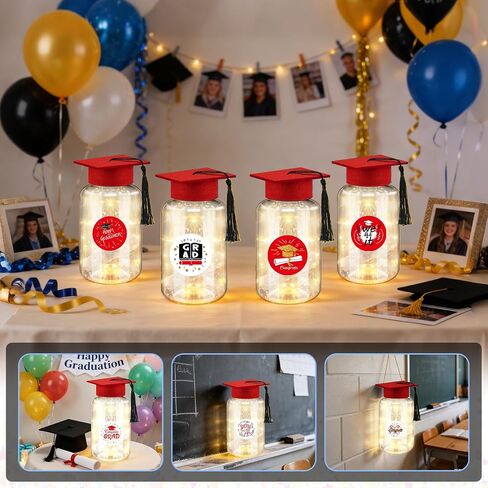 Phoncoo 16 Sets 2026 Graduation Table Decoration with LED Lights, Mason Jar Graduation Centerpieces for Tables with Grad Cap, Stickers for College High Middle School Grad Party Supplies Gifts(Red) in Kuwait