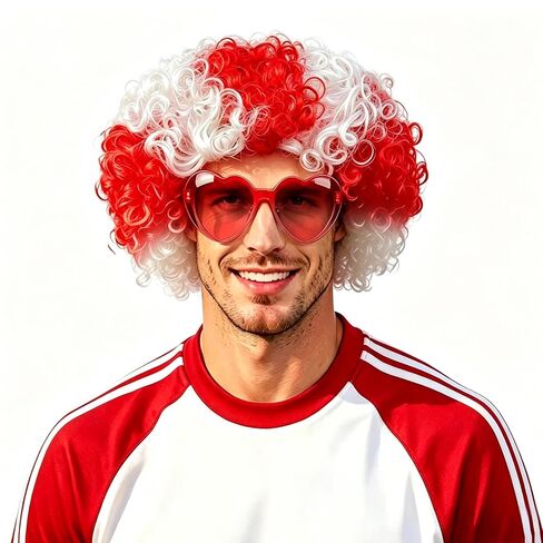National Flag Afro Wig and heart Shaped Glasses Set, Neon Colored Wigs Costume Colorful Cosplay Wigs Hairpieces for World Cup 2026 in The Dark Neon Party Favors (Red White) in Kuwait