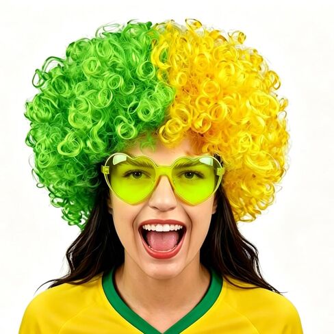 National Flag Afro Wig and heart Shaped Glasses Set, Neon Colored Wigs Costume Colorful Cosplay Wigs Hairpieces for World Cup 2026 in The Dark Neon Party Favors (Red White) in Kuwait