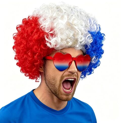 National Flag Afro Wig and heart Shaped Glasses Set, Neon Colored Wigs Costume Colorful Cosplay Wigs Hairpieces for World Cup 2026 in The Dark Neon Party Favors (Red White) in Kuwait