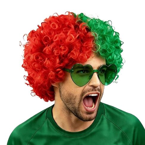 National Flag Afro Wig and heart Shaped Glasses Set, Neon Colored Wigs Costume Colorful Cosplay Wigs Hairpieces for World Cup 2026 in The Dark Neon Party Favors (Red White) in Kuwait
