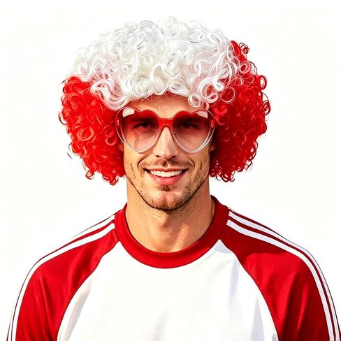 National Flag Afro Wig and heart Shaped Glasses Set, Neon Colored Wigs Costume Colorful Cosplay Wigs Hairpieces for World Cup 2026 in The Dark Neon Party Favors (Red White) in Kuwait