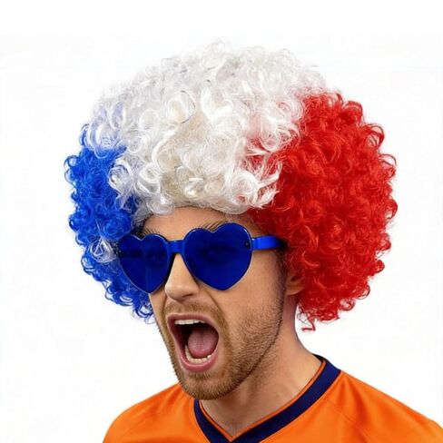 National Flag Afro Wig and heart Shaped Glasses Set, Neon Colored Wigs Costume Colorful Cosplay Wigs Hairpieces for World Cup 2026 in The Dark Neon Party Favors (Red White) in Kuwait