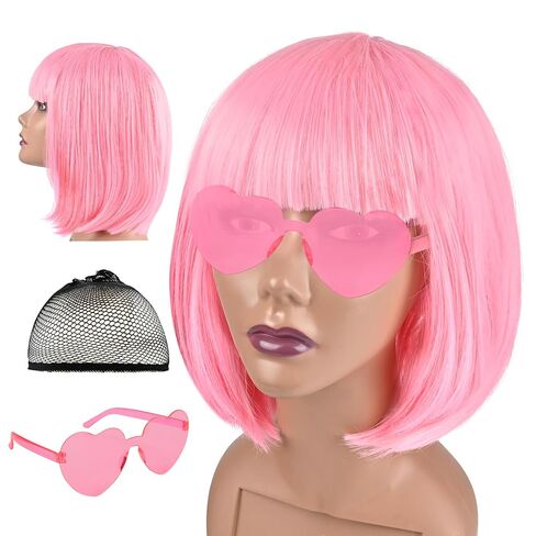 Short Bob wig and Sunglass Set, Cosplay Party Wigs for Women, Bachelorette Neon Party Favors, Halloween Decoration, Natural As Real (PINK) in Kuwait