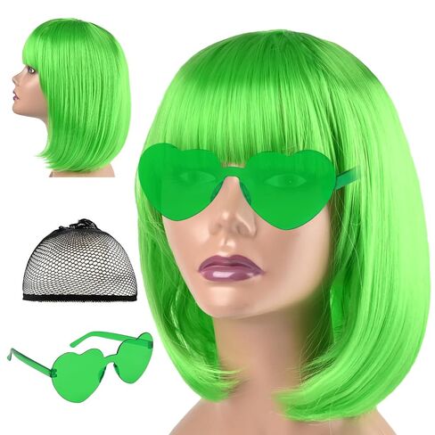 Short Bob wig and Sunglass Set, Cosplay Party Wigs for Women, Bachelorette Neon Party Favors, Halloween Decoration, Natural As Real (PINK) in Kuwait