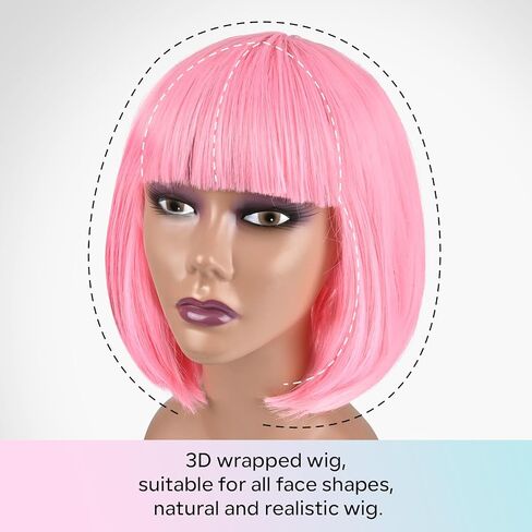 Short Bob wig and Sunglass Set, Cosplay Party Wigs for Women, Bachelorette Neon Party Favors, Halloween Decoration, Natural As Real (PINK) in Kuwait