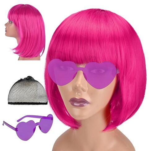 Short Bob wig and Sunglass Set, Cosplay Party Wigs for Women, Bachelorette Neon Party Favors, Halloween Decoration, Natural As Real (PINK) in Kuwait