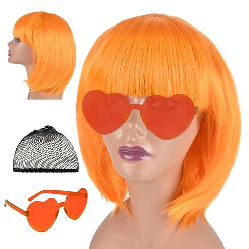 Short Bob wig and Sunglass Set, Cosplay Party Wigs for Women, Bachelorette Neon Party Favors, Halloween Decoration, Natural As Real (PINK) in Kuwait