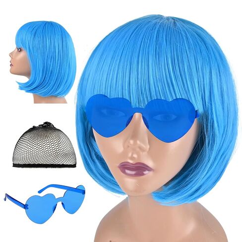 Short Bob wig and Sunglass Set, Cosplay Party Wigs for Women, Bachelorette Neon Party Favors, Halloween Decoration, Natural As Real (PINK) in Kuwait