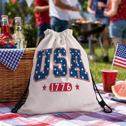 Drawstring Backpack, USA 1776 Patriotic Gym Bag, Vintage Star Letter Sackpack for 4th of July Parade Beach Pool Travel, Red Blue Independence Day Cinch Pack, 16.5 x 13.5 Inches in Saudi Arabia