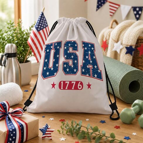 Drawstring Backpack, USA 1776 Patriotic Gym Bag, Vintage Star Letter Sackpack for 4th of July Parade Beach Pool Travel, Red Blue Independence Day Cinch Pack, 16.5 x 13.5 Inches in Saudi Arabia