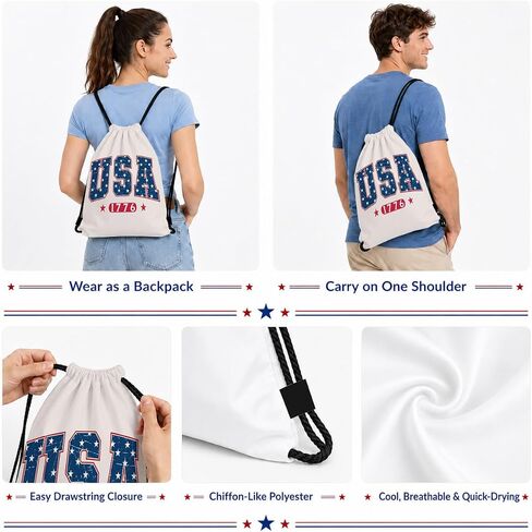 Drawstring Backpack, USA 1776 Patriotic Gym Bag, Vintage Star Letter Sackpack for 4th of July Parade Beach Pool Travel, Red Blue Independence Day Cinch Pack, 16.5 x 13.5 Inches in Saudi Arabia