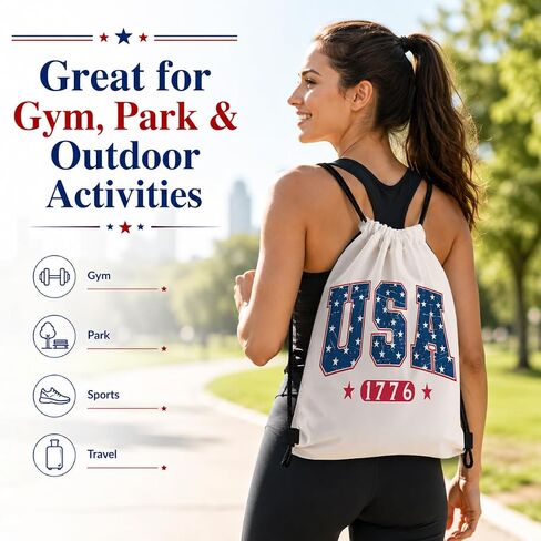 Drawstring Backpack, USA 1776 Patriotic Gym Bag, Vintage Star Letter Sackpack for 4th of July Parade Beach Pool Travel, Red Blue Independence Day Cinch Pack, 16.5 x 13.5 Inches in Saudi Arabia