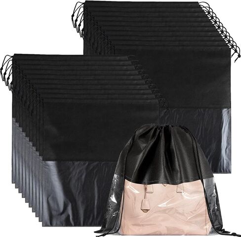 20 PCS Dustproof Drawstring Bags, Breathable Non-Woven Drawstring Dust Covers, Purses Organizers Storage Bags with Clear Window, Dust Bag for Handbags Shoes Purses Covers, Black in Saudi Arabia