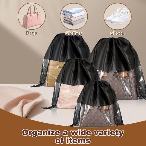 20 PCS Dustproof Drawstring Bags, Breathable Non-Woven Drawstring Dust Covers, Purses Organizers Storage Bags with Clear Window, Dust Bag for Handbags Shoes Purses Covers, Black in Saudi Arabia
